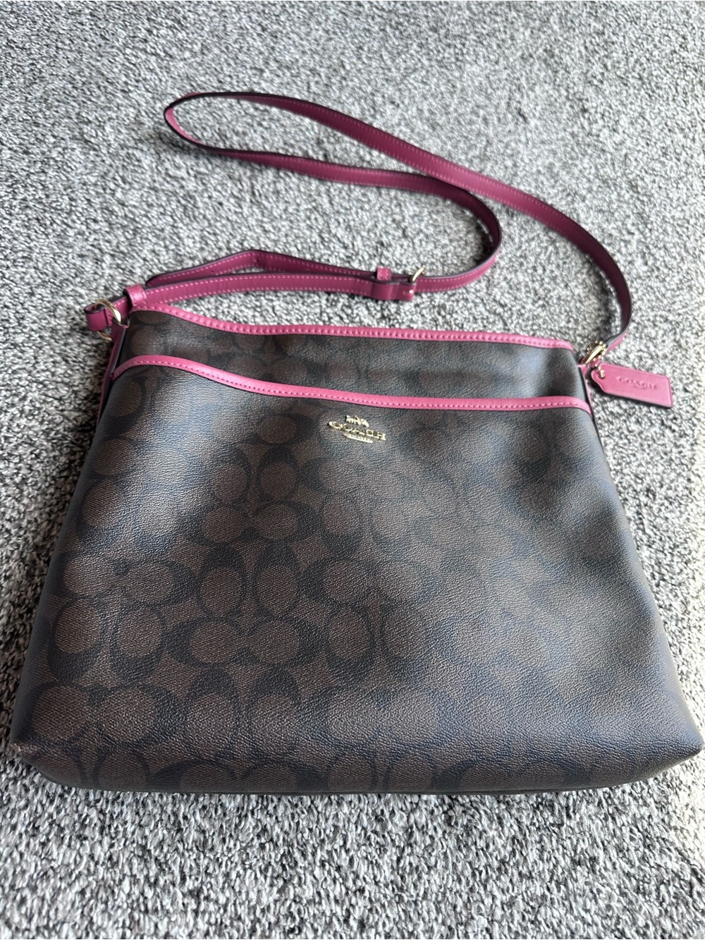 Coach Brown Signature Crossbody with Pink Trim